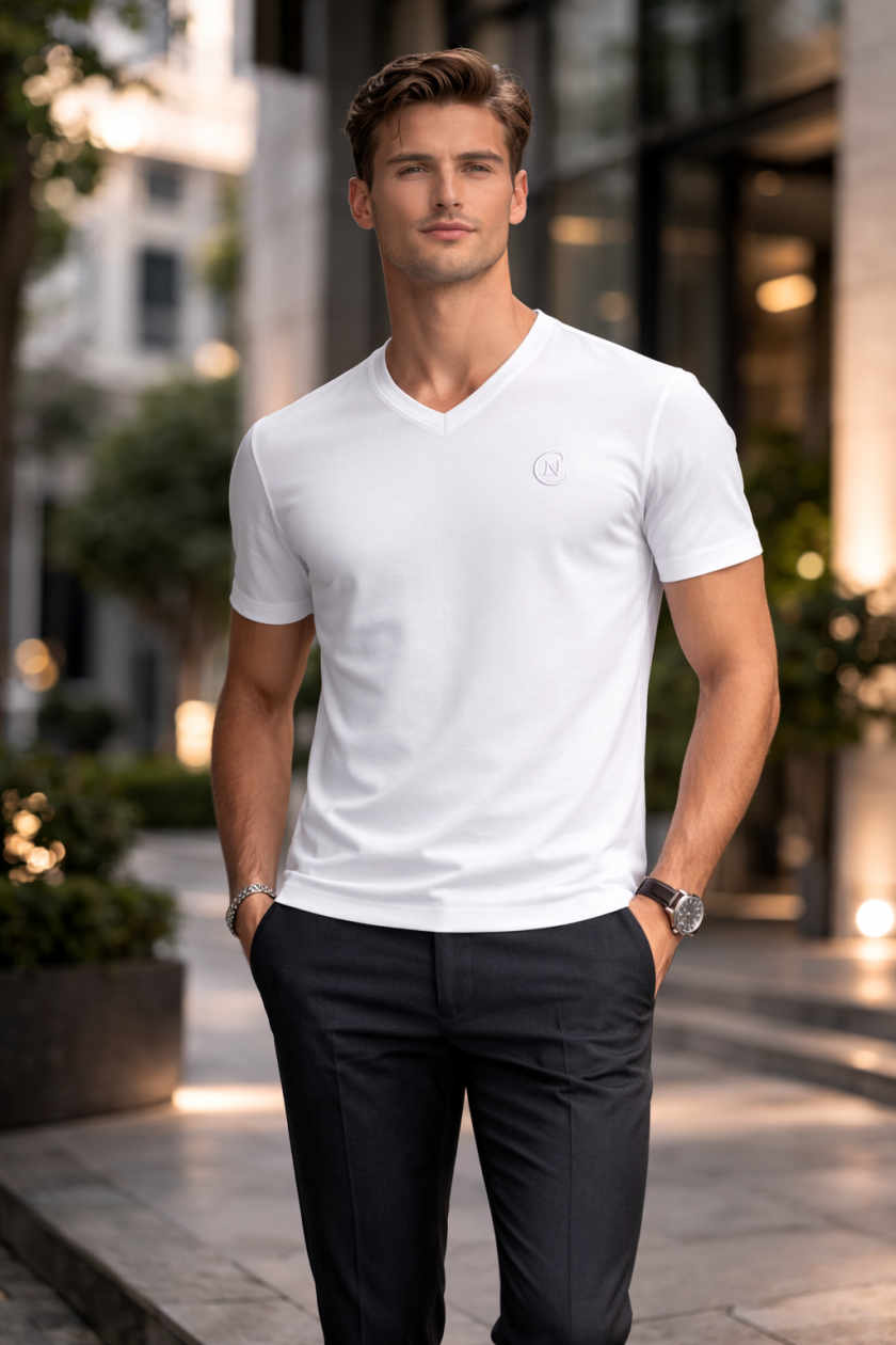 V-Classic vit t-shirt med v-ringning, framsida
