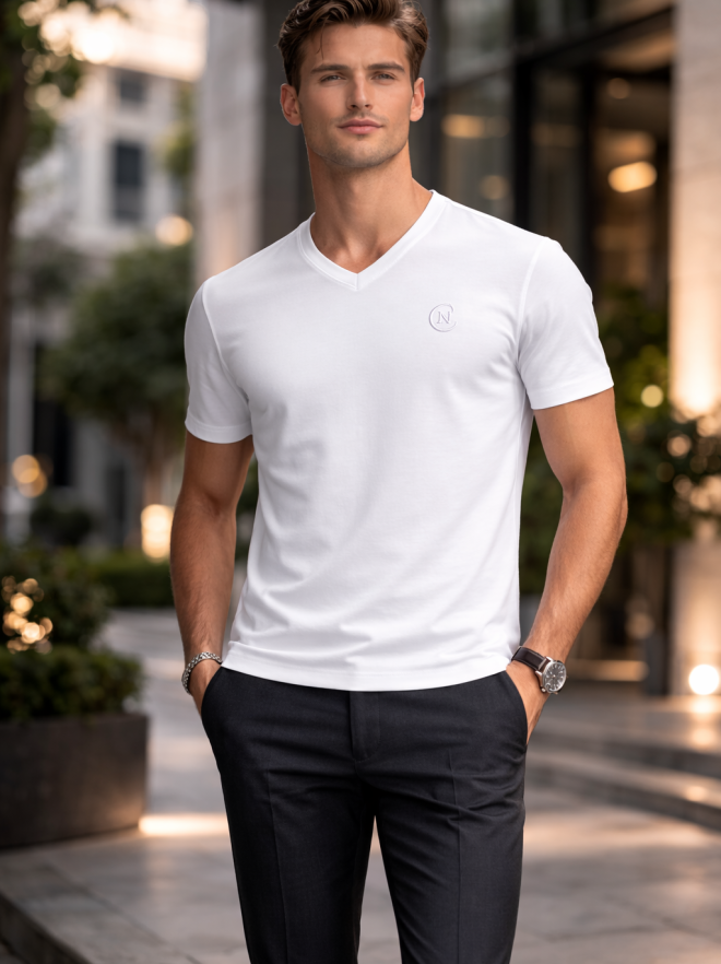 V-Classic vit t-shirt med v-ringning, framsida